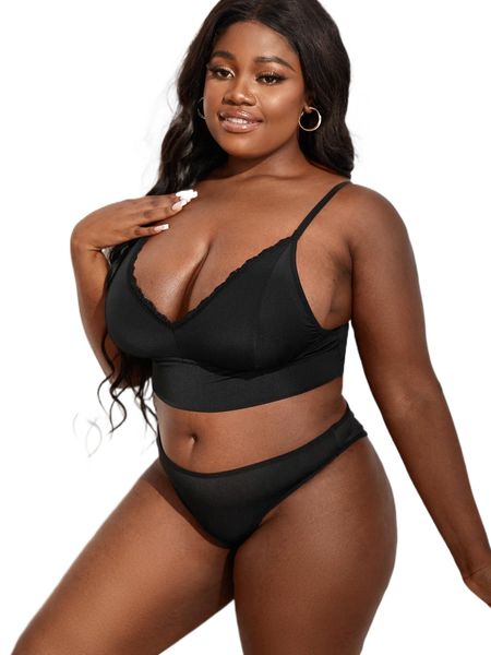 

plus lace detail wireless lingerie set j6a0#, Black;white