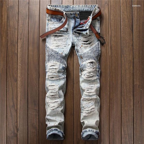 Jeans da uomo Mens Bianco Blu Destroyed Zipper Slim Denim Biker Leggings strappati skinny Taglia asiatica 28-38 Drak22