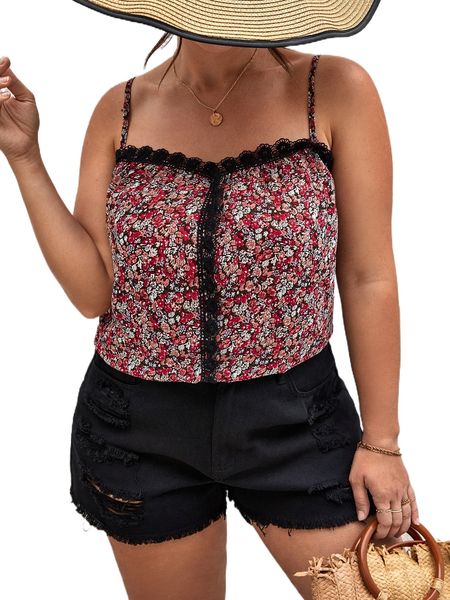 

plus ditsy floral contrast guipure lace cami f2fm#, Black