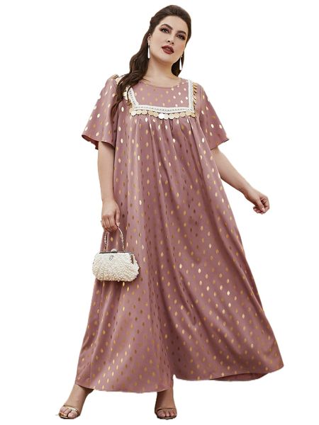 

plus golden dot print fringe trim tunic dress w8sf#, Black