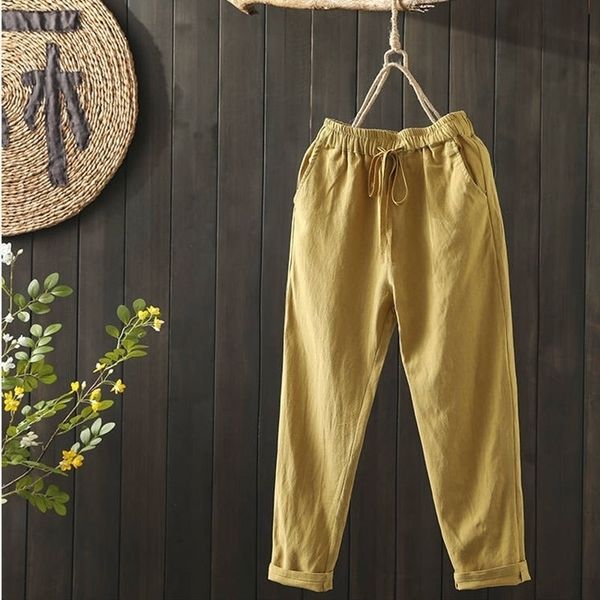 

100% cotton plus size women pants summer elastic waist loose casual harem pants back pocket cotton linen trousers 8 colour d58 y200418, Black;white