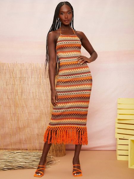 

newness geo pattern fringe hem tie backless halter dress 22jt#, Black;gray