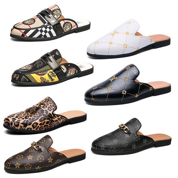 

luxury brand mens designer horsebit metal buckle grid pattern slippers genuine leather mules black brown flip flops men casual lazy shoes bi
