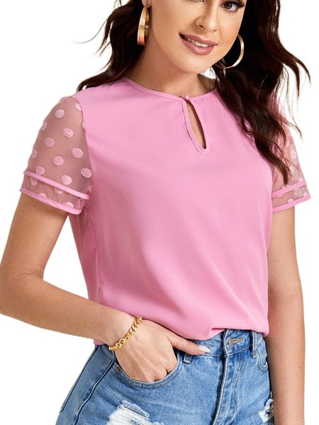 

polka dot keyhole neck contrast mesh 979n#, White