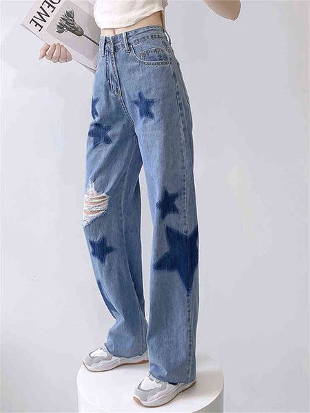 

pentagram collision color hole jeans womens summer new street style loose denim trousers female high waist straight pants t220728, Blue