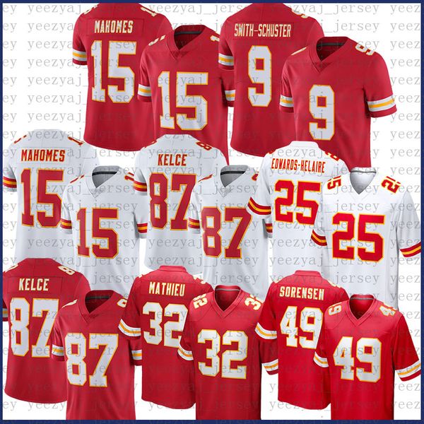 

15 patrick mahomes football jersey 9 juju smith-schuster 87 travis kelce 32 nick bolton 95 chris jones clyde edwards-helaire trent mcduffie, Black;red