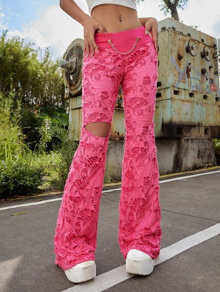 

chain detail waist ripped flare leg pants b5ep#, Black;white