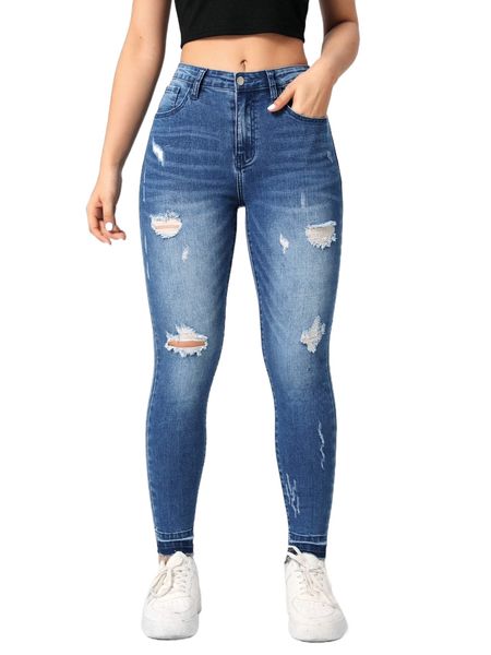 

ripped raw hem skinny jeans e6rh#, Blue