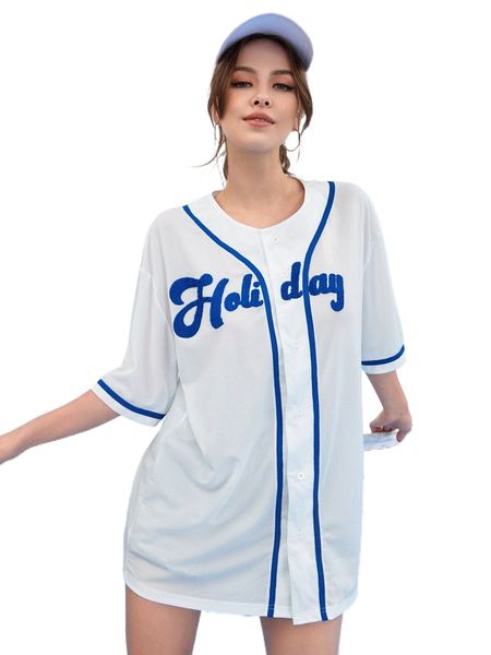 

letter embroidered drop shoulder button up tee b6f8#, White