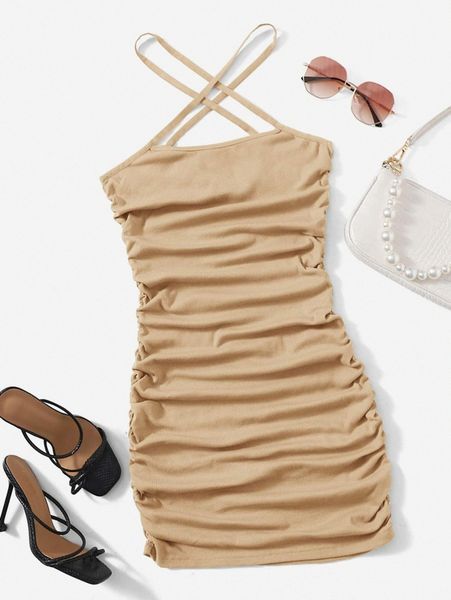 

ruched detail cross halter dress j4vd#, Black;gray