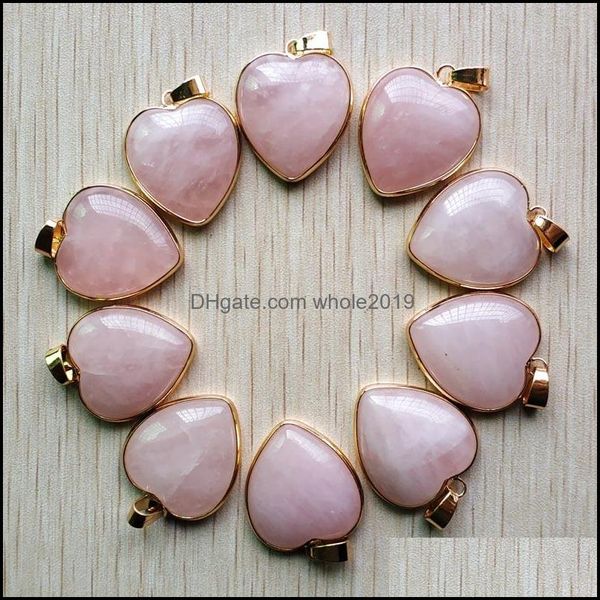 Charms Jewels Conclusões componentes Rose quartzo colar de cristal de pedra natural lateral dourado coração pingentes de moda miçangas 20 mm dh