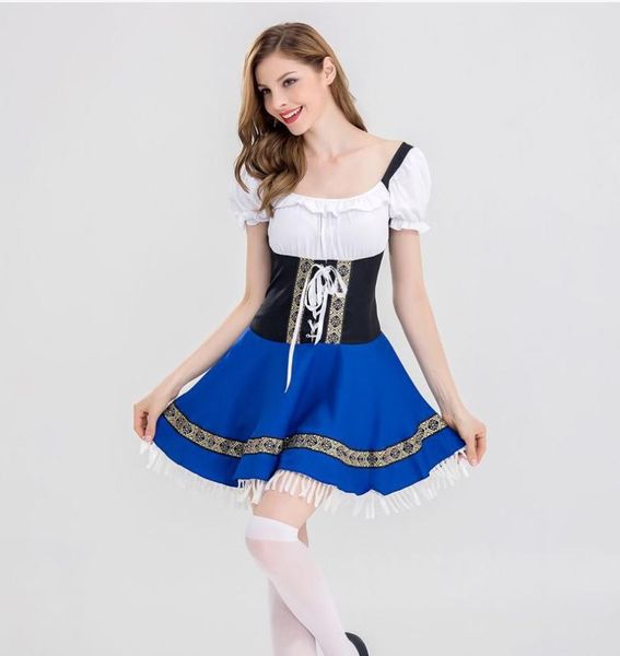 Sıradan Elbiseler Yaz Bavyera Bira Etek Bar Tulumlar Kısa Kollu Elbise Alman Oktoberfest Cadılar Bayramı Cosplay Kostüm Mavi Uzun Etek