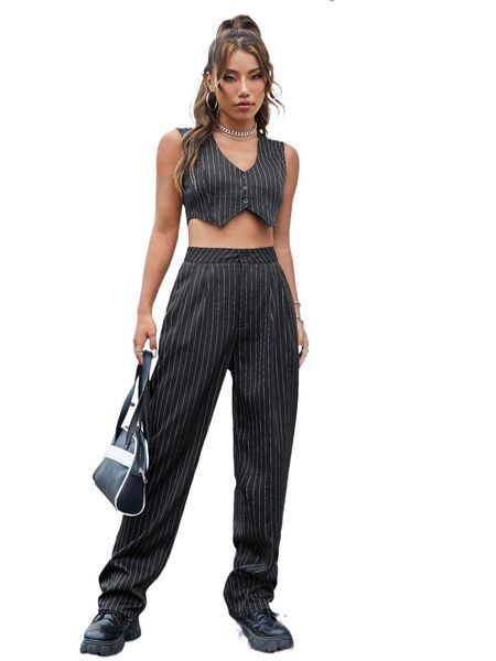 

striped asymmetrical hem vest jacket & pants 84ls#, White