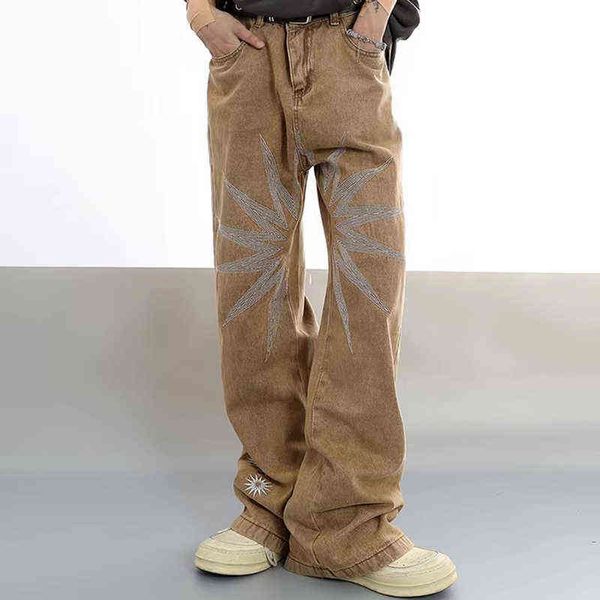 

streetwear stars embroidery mens denim pants straight harjuku loose couple jeans pockets hip hop casual oversized track pants t220803, Blue