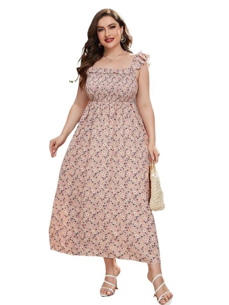 

plus daisy print shirred ruffle-straps dress s61r#, Black