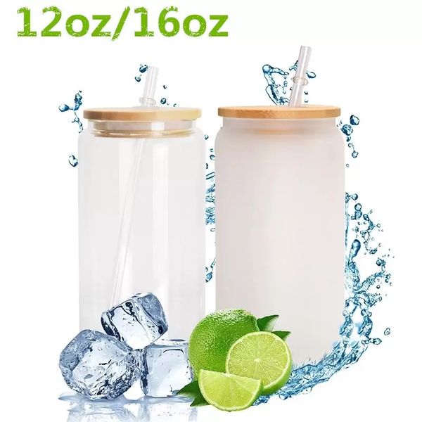 

12oz 16oz sublimation glass beer mugs with bamboo lid straw diy blanks frosted clear can shaped tumblers cups heat transfer cocktail iced co