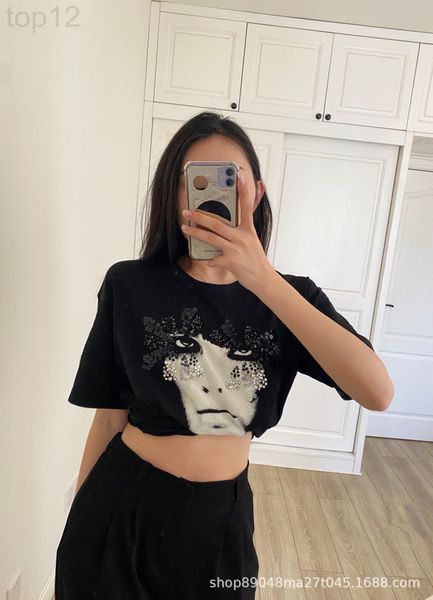 

women's t-shirt designer chaopai 22ss early spring new personalized heavy industry nail bead sequin black figure avatar short sleeve t-, White