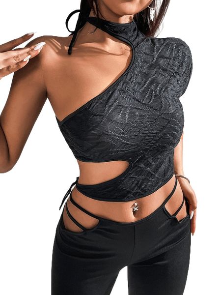 

one shoulder cut out knot side crop 59vz#, White