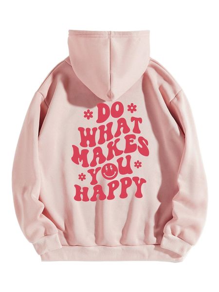 

slogan & cartoon print drawstring thermal lined hoodie u4xc#, Black