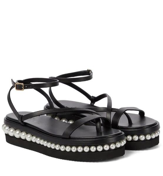 

summer social pine sandals shoes women platform wedges flat latte vachetta leather black white pearl embellishment comfort working wedding p