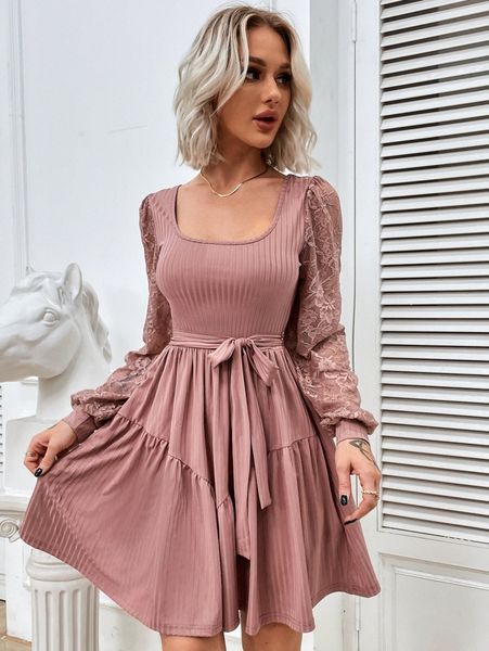 

square neck contrast lace bishop sleeve ruffle hem belted dress e19m#, Black;gray