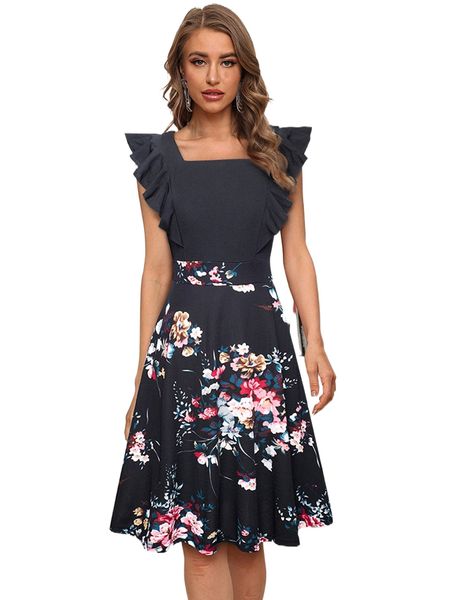 

floral print square neck butterfly sleeve a-line dress r2jy#, Black;gray