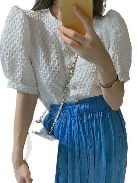 

dazy textured puff sleeve blouse d15d#, White