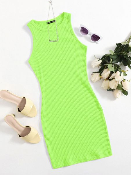 

neon lime rib-knit bodycon dress 92sr#, Black;gray