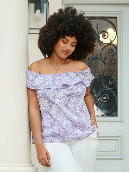 

plus geo print off shoulder ruffle trim blouse q2jj#, Black