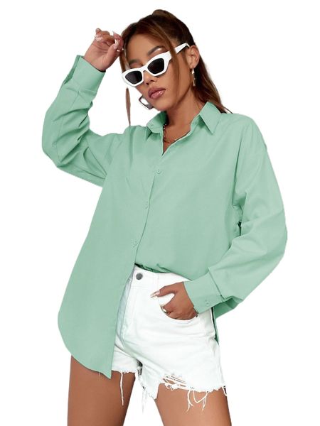 

solid drop shoulder single button placket blouse p7l4#, White