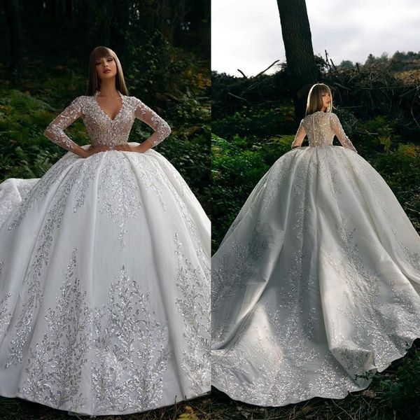 Abiti da sposa lussuosi con paillettes arabe Abito da ballo staccabile Abito da sposa a cuore in pizzo a maniche lunghe con scollo a cuore realizzato su misura