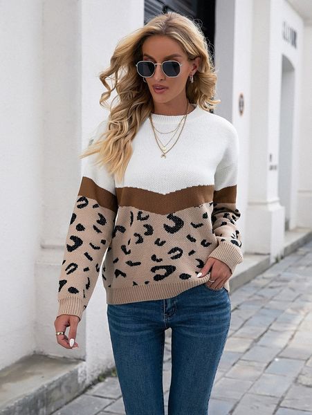 

leopard pattern colorblock drop shoulder sweater v6ej#, White;black