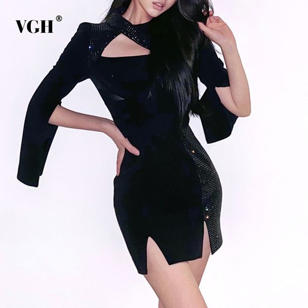 

irregular vintage hollow out dress for women o neck long sleeve high waist patchwork diamond black dresses female style 210507, Black;gray