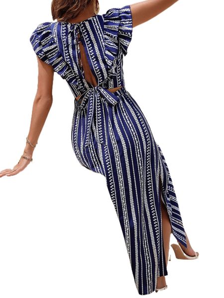 

allover print butterfly sleeve tie back split thigh dress m615#, Black;gray