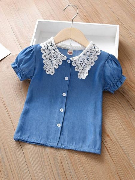 

toddler girls contrast guipure lace statement collar puff sleeve blouse she, White;black