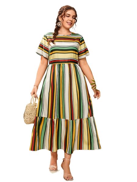 

plus block striped ruffle hem dress j5gu#, Black