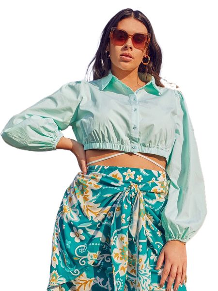 

plus lantern sleeve tie back crop blouse 43ws#, Black