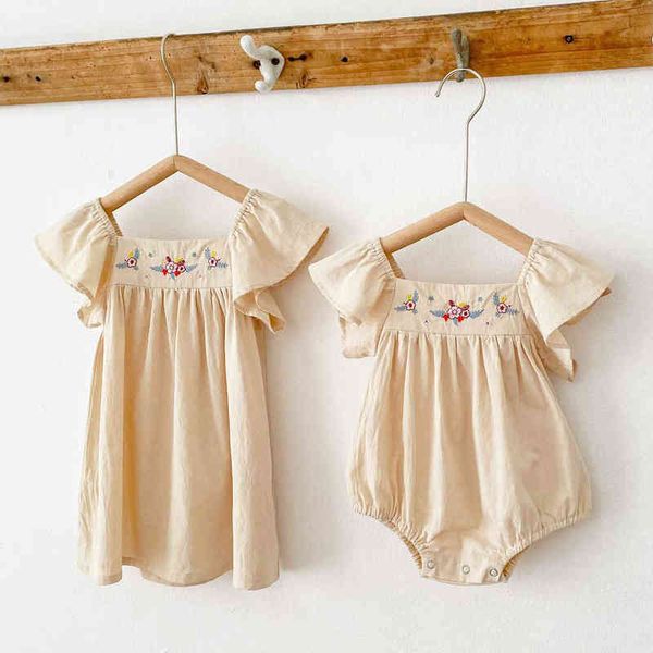 2022 Bordado bebê macacão algodão de algodão Vintage Summer Roupas para meninas para vestido de vestido de vestido de babá mangas da criança da criança G2205010