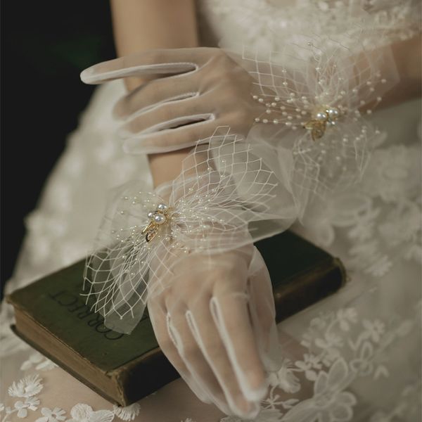 

sheer tulle gloves ultra thin gloves wrist bridal wedding shooting accessory transparent finger glove, White
