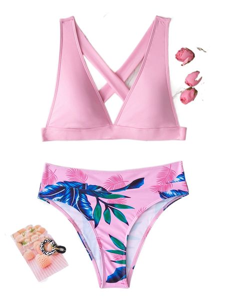 

random leaf print bikini swimsuit t4g2#, White;black
