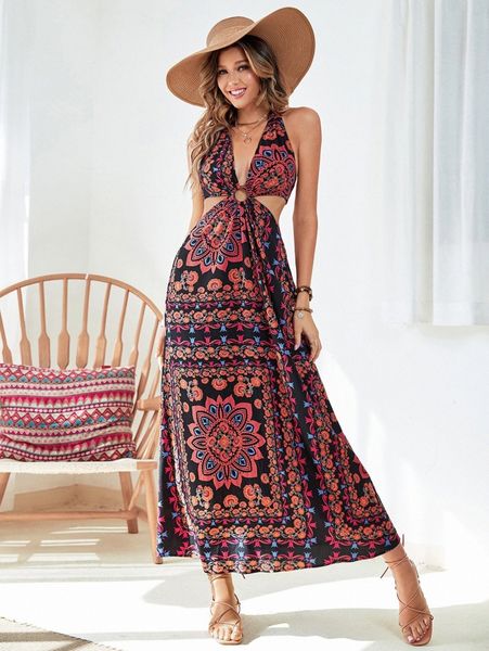 

allover print o-ring ruched cut out waist tie backless dress u3kd#, Black;gray