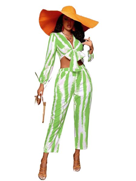 

color-block tie front & pants 15ux#, White