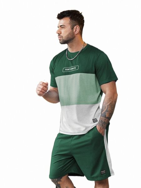 

extended sizes men color block letter graphic tee & letter patched shorts x72a#, Gray