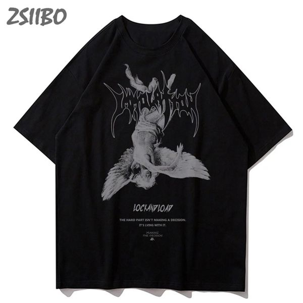 Harajuku arte caído anjo oversize mens camiseta verão legal unisex hip hop engraçado impresso tshirt casual t camisa streetwear topos 220621