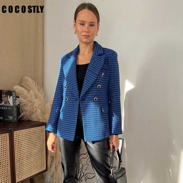 Terno feminino primavera novo blazer de tweed feminino all-match lapela manga longa textura trespassado fino paletó casual trf