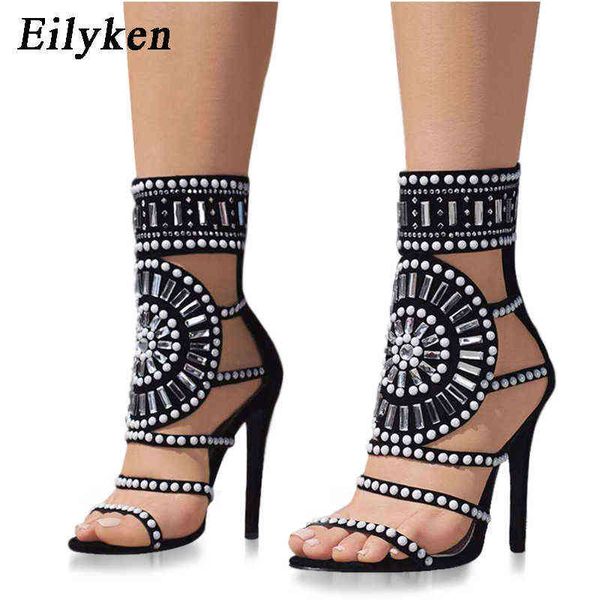 Sandalen Eilyken Ethnic Open Toe Strass Design High Heel Kristall Knöchelwickel Diamant Gladiator Damen Schwarz Größe 35-42 220317