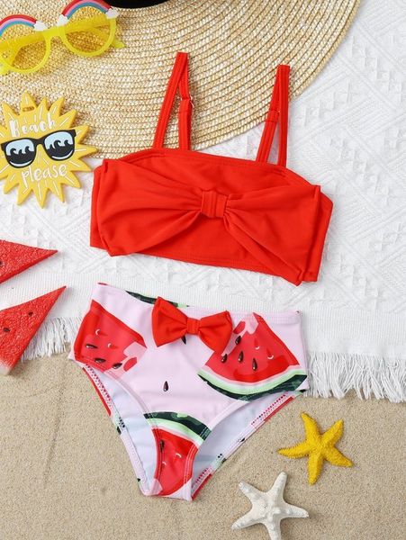 

baby girl watermelon print bow decor bikini swimsuit she, Black