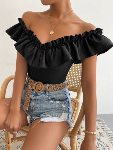 

off shoulder ruffle trim tee a0rr#, White