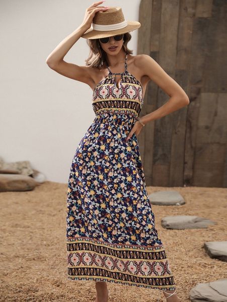 

floral & paisley print cut out backless halter dress y9et#, Black;gray