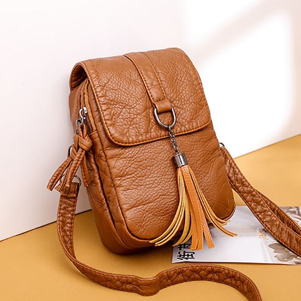 

soft leather crossbody bags for women solid color tassel shoulder bag retro cell phone purse handbags 220627